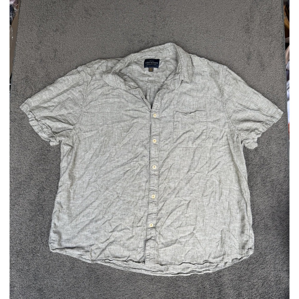 Lucky Brand Mens XL Linen Blend Short Sleeve Button Down Shirt Olive Green
